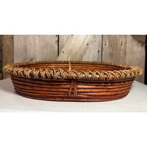 Vintage Oval Bamboo Rattan Serving Tray Wooden Bottom Twisted Twine Rope Trim